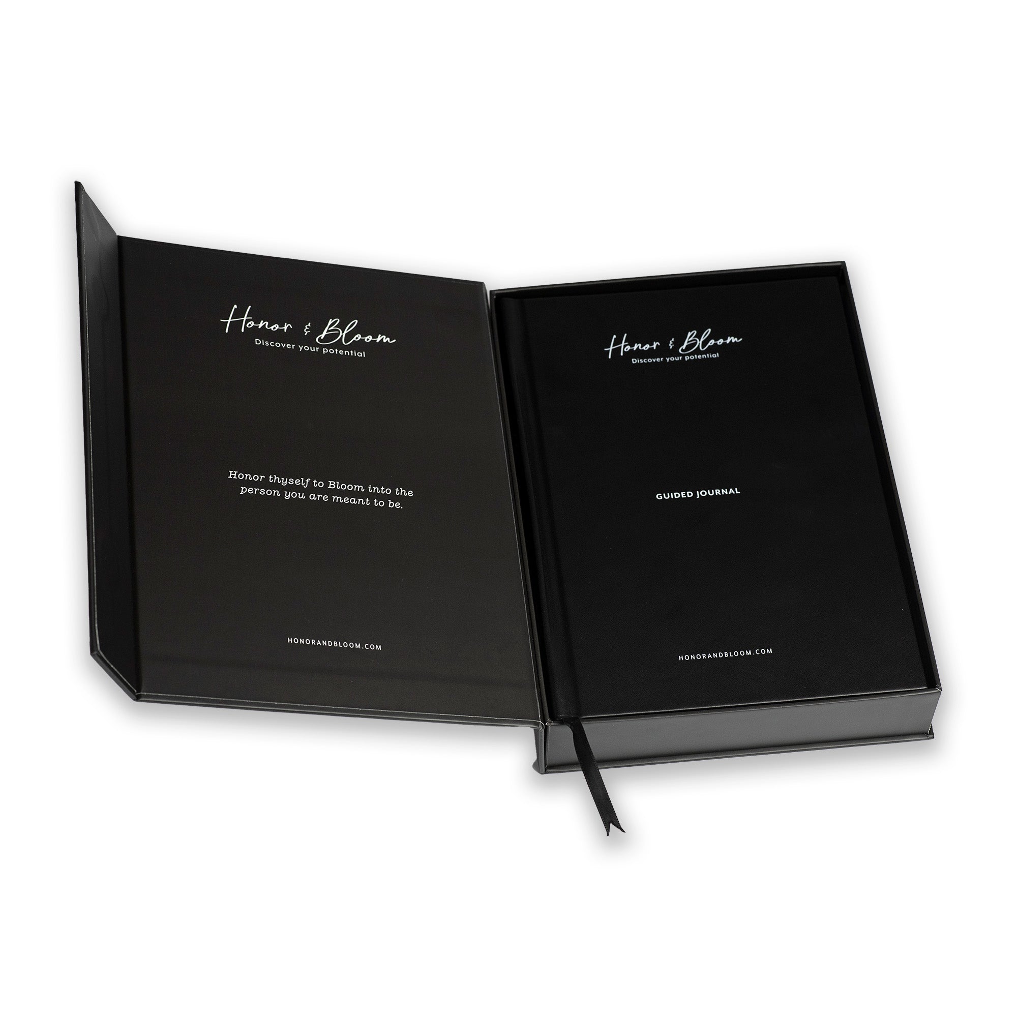 Black guided journal in gift box with 'Honor & Bloom' branding on a white background
