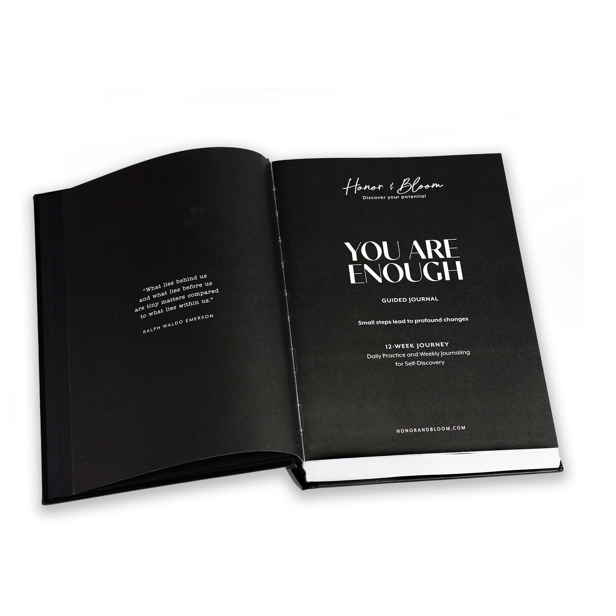 Open guided journal titled 'You Are Enough' by Honor & Bloom on a white background