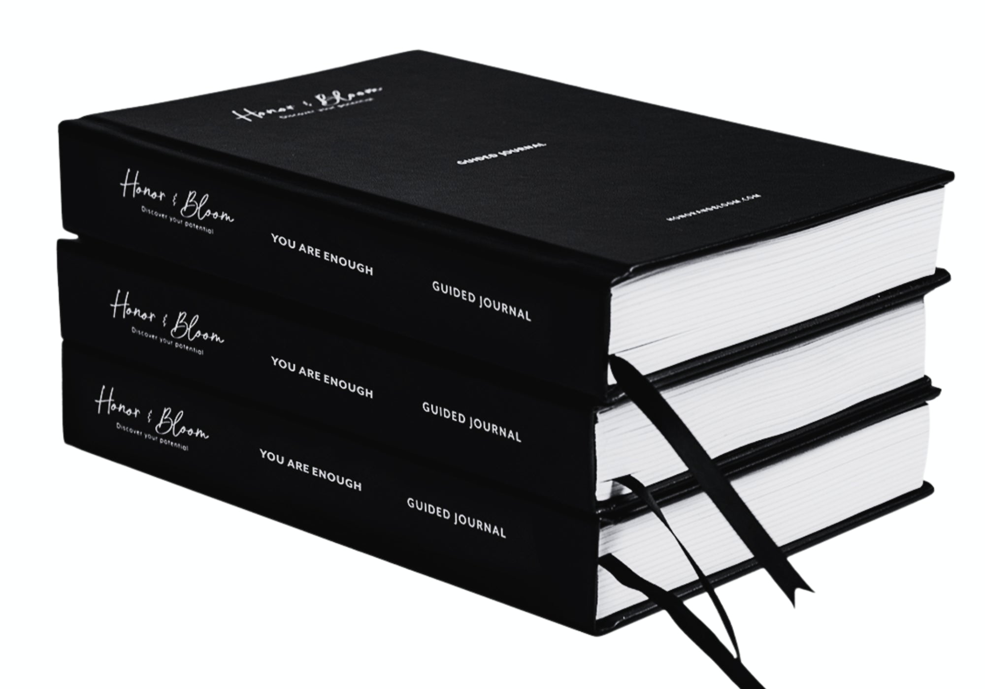 Stack of 'You Are Enough' guided journals by Home Bloom on a white background