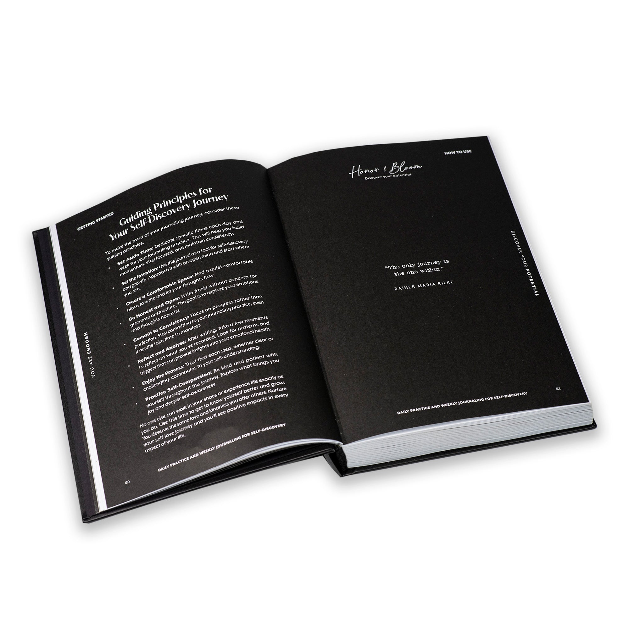 Open guided journal with text on a white background