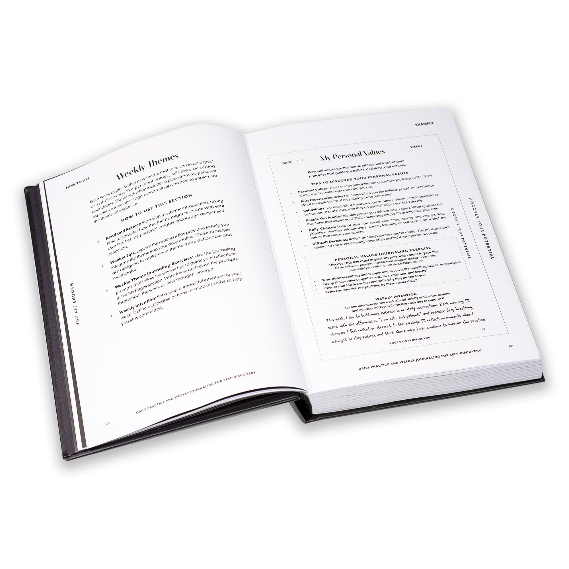 Open Honor and Bloom guided journal with text on a white background