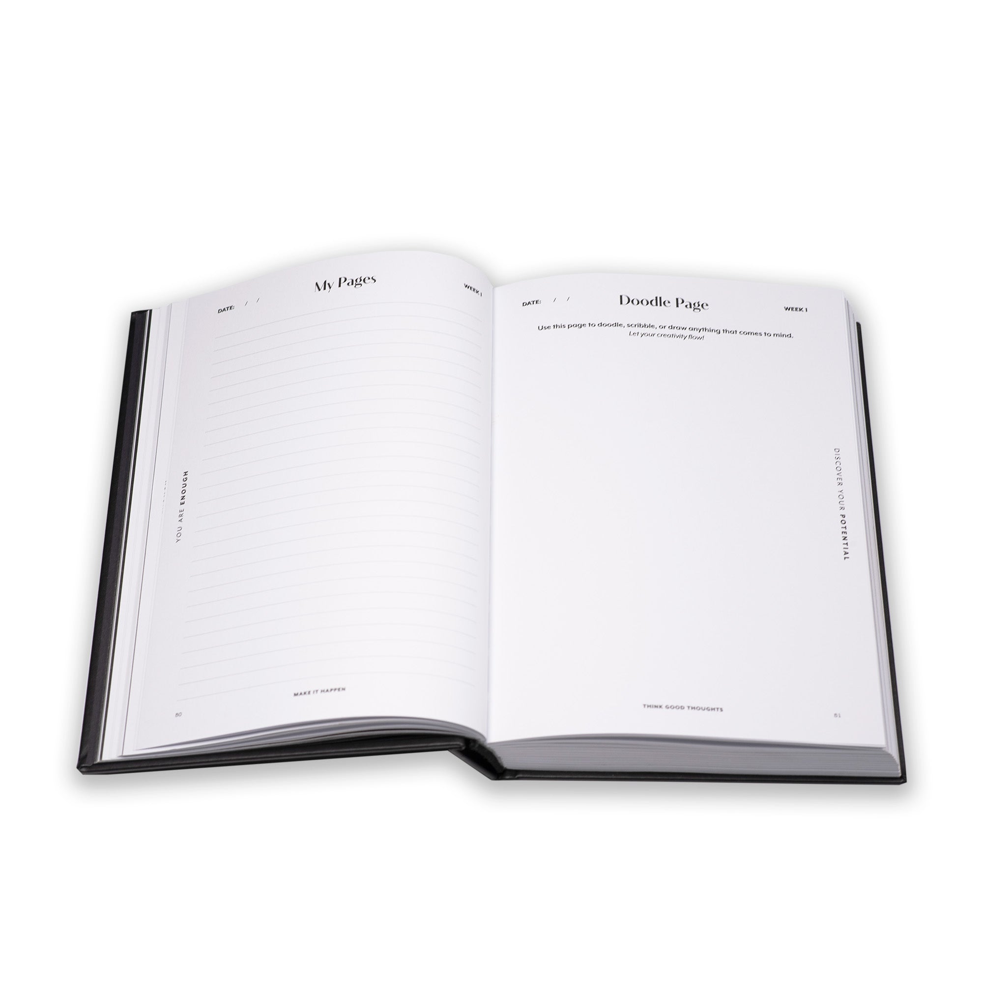 Open guided journal writing and doodle page showing a page with text on a white background