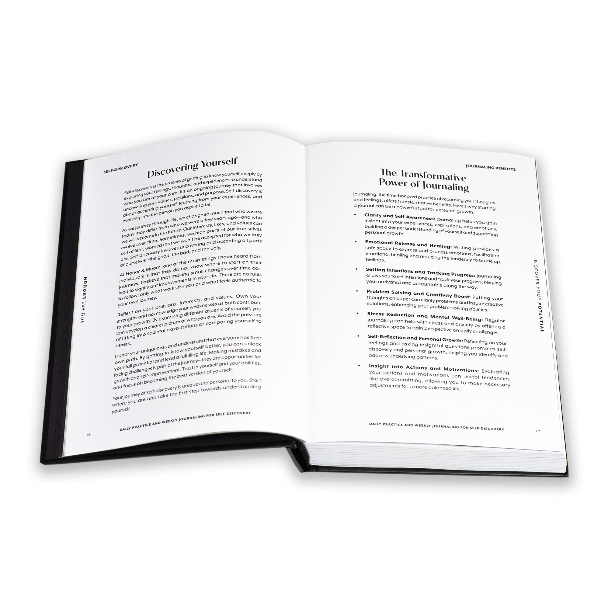 Open guided journal with text on a white background
