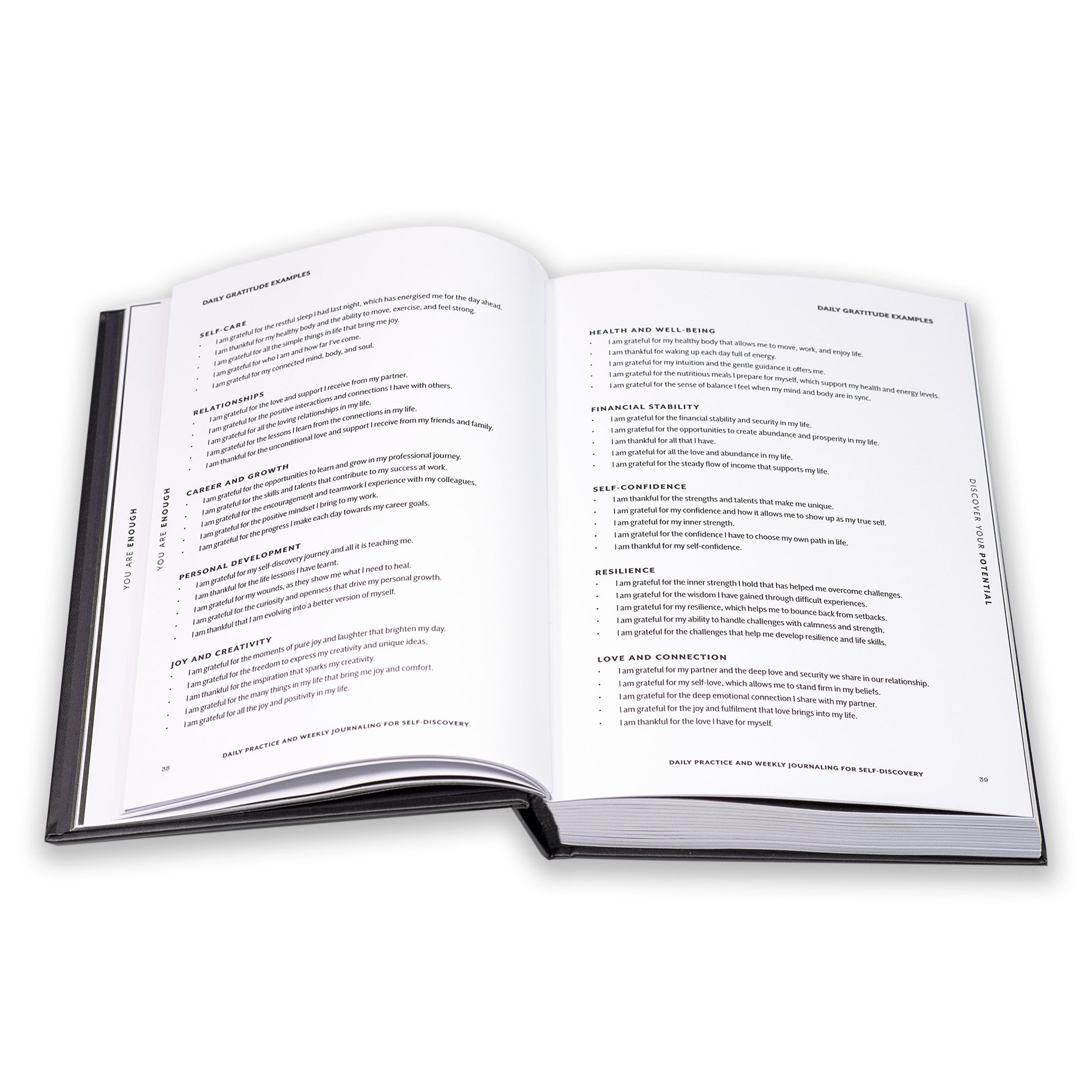 Open guided journal gratitude examples text on a white background