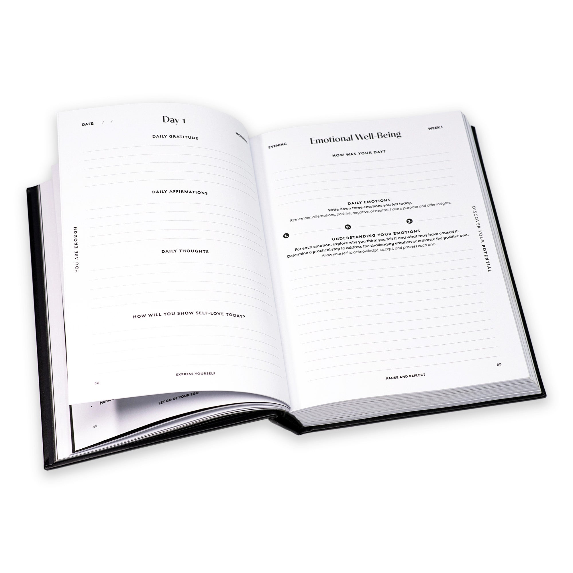 Open guided journal with a focus on emotional well-being section on a white background