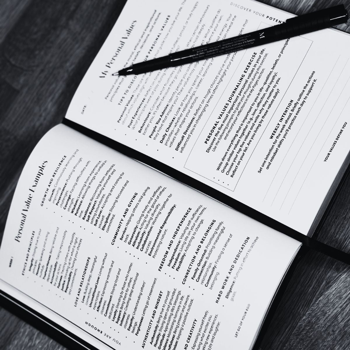 Open journal with text and a pen on a wooden surface