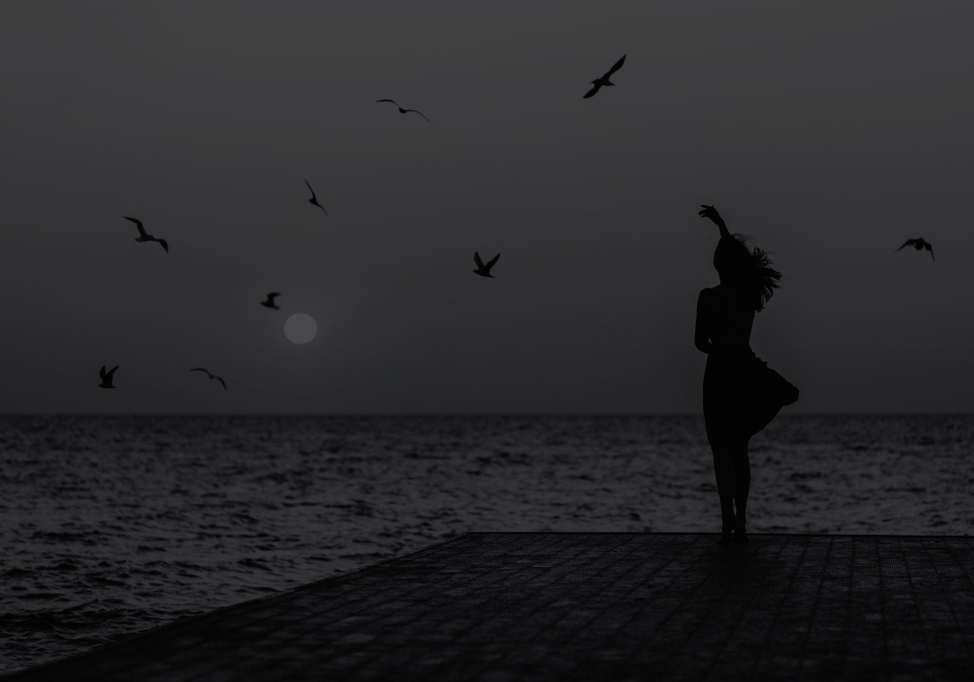 Silhouette of a person on a dock with birds flying over water at dusk.
