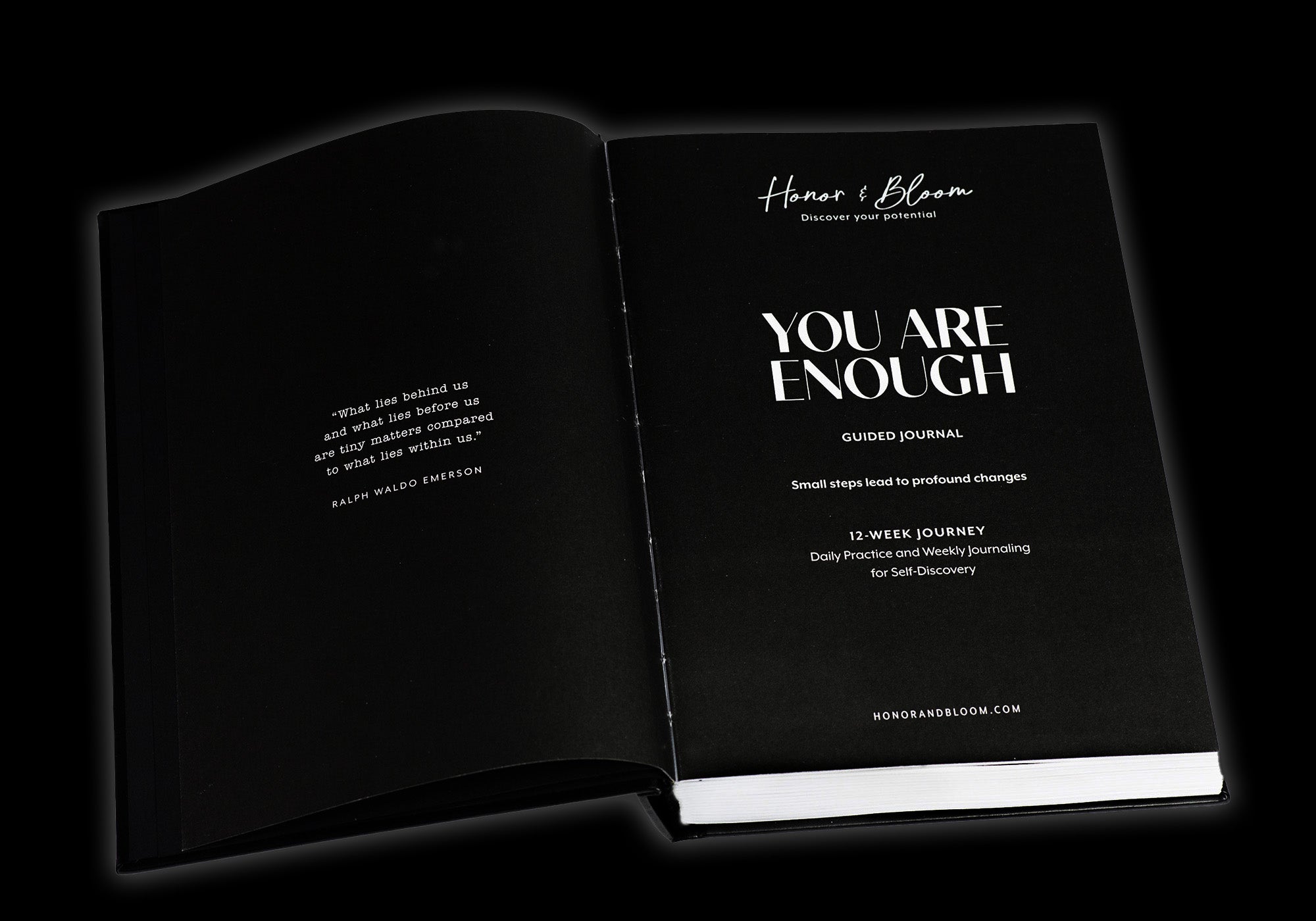 Open guided journal titled 'You Are Enough' by Honor & Bloom on a black background