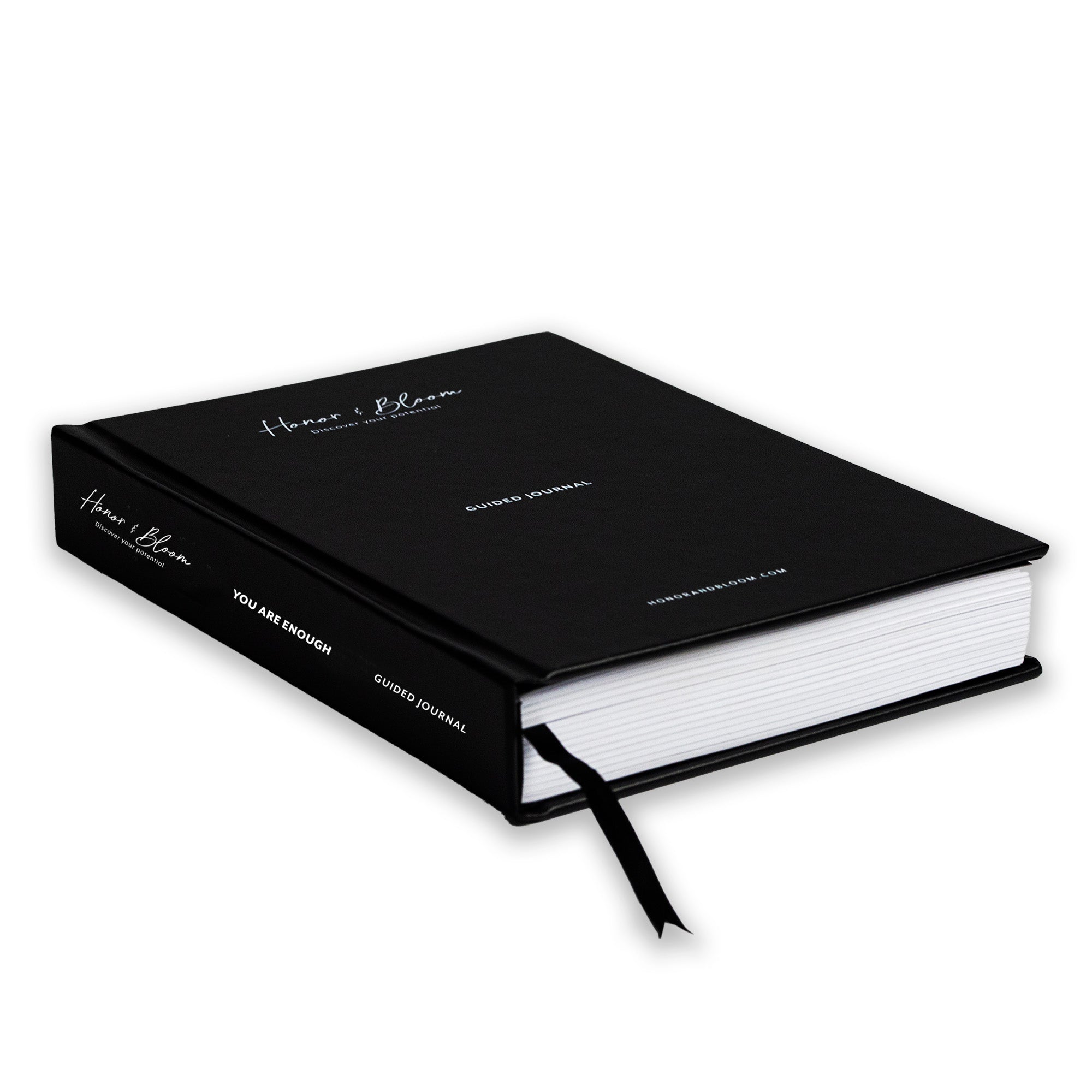 Honor and Bloom ack journal with white text on a white background